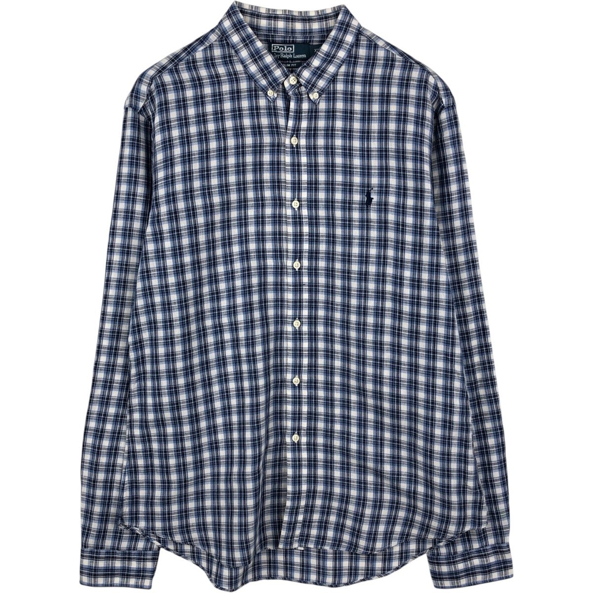 ポロラルフローレン ネイビー×白 ギンガムチェック 長袖シャツ 麻　リネン 古着 ラルフローレン Ralph Lauren POLO RALPH LAUREN SLIM FIT