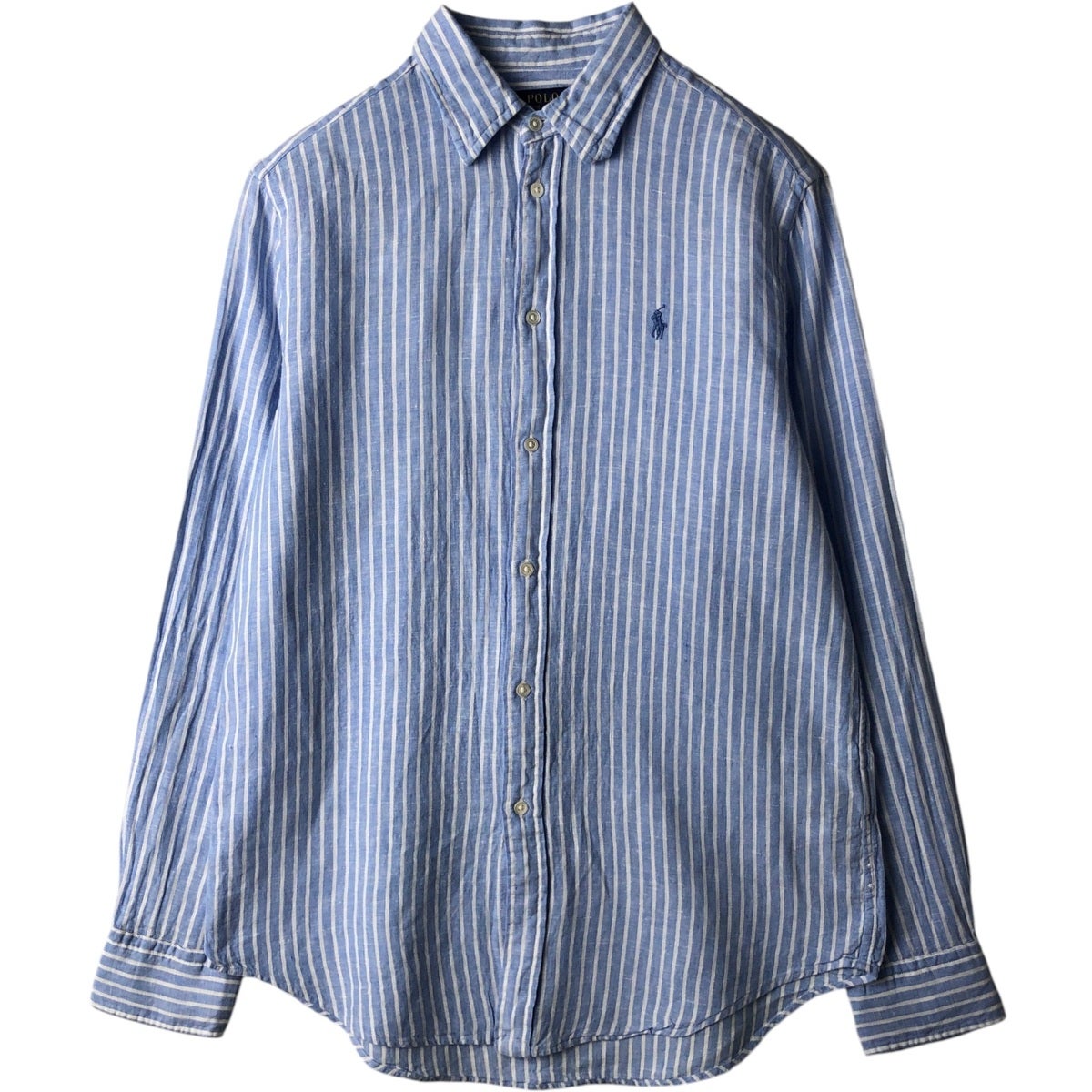 【美品】ラルフローレン　リネン長袖シャツ　ストライプ　羽織　M相当　ユニセックス 古着 ラルフローレン Ralph Lauren RELAXED FIT ストライプ柄 長袖