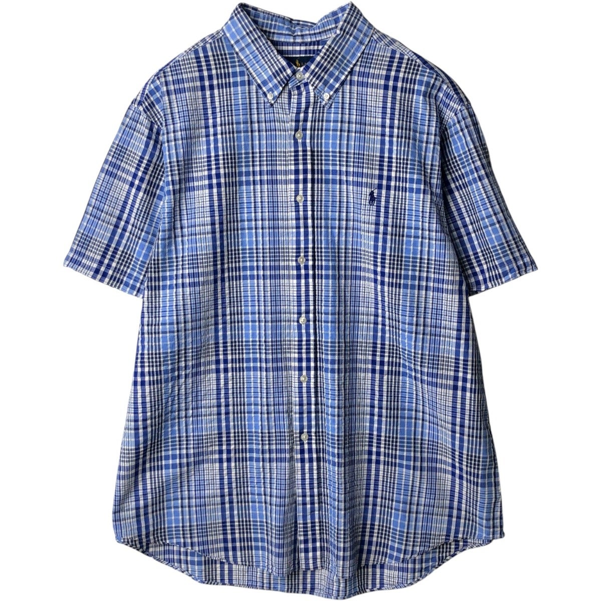 メンズ　E・G　半袖　ポロシャツ　チェック柄　青・白系　M　ボタンダウン　米国製 AOYAMA 【洋服の青山】すごポロ ポロシャツ 半袖 メンズ 春夏用 ブルー