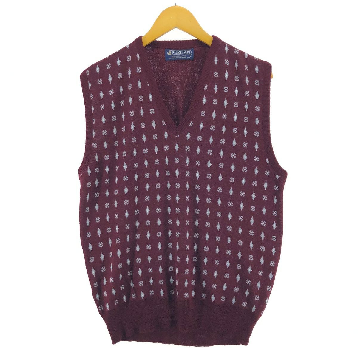 古着 PURITAN 総柄 Vネック アクリルニットベスト USA製 メンズL相当