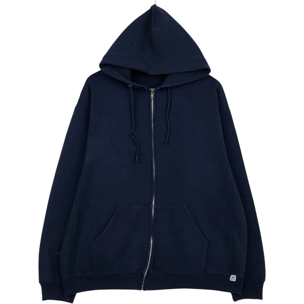 Russell athleticソリッドパーカー古着くすみブルー短丈リバース型L 80's Russell Athletic 