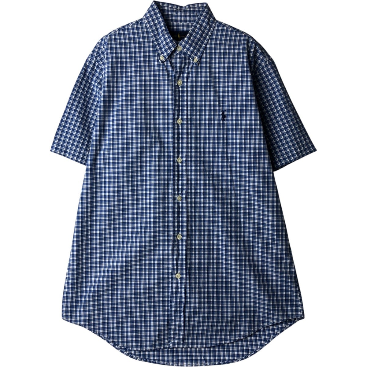 メンズ　E・G　半袖　ポロシャツ　チェック柄　青・白系　M　ボタンダウン　米国製 古着 ラルフローレン Ralph Lauren 半袖 ボタンダウン チェックシャツ