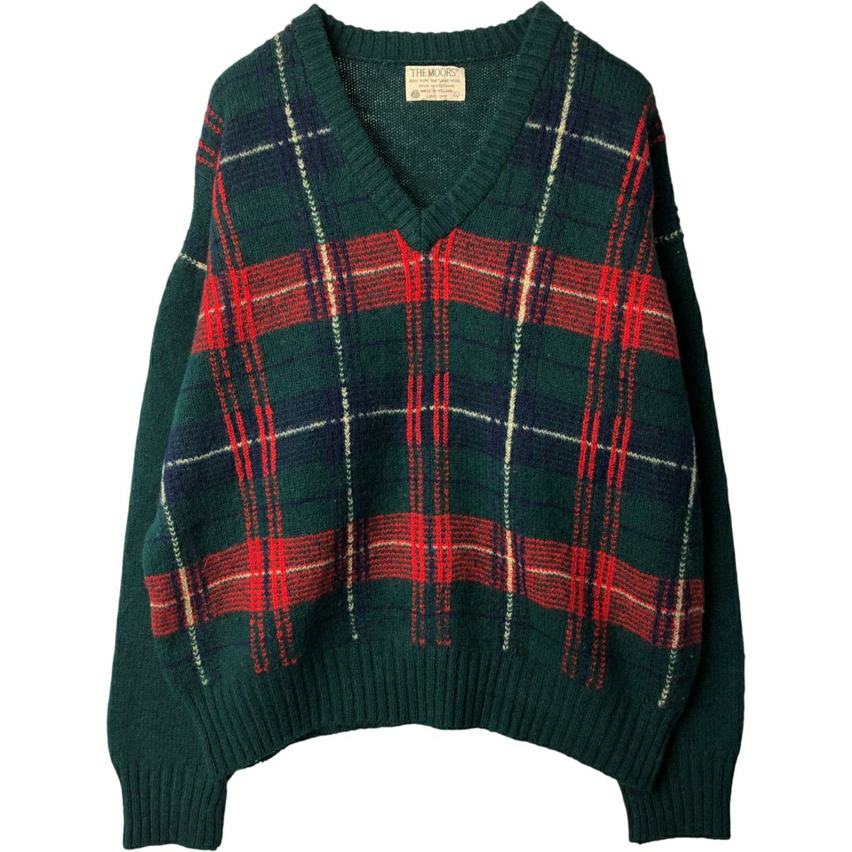 古着 80年代 THE MOORS チェック柄 Vネック ウールニットセーター