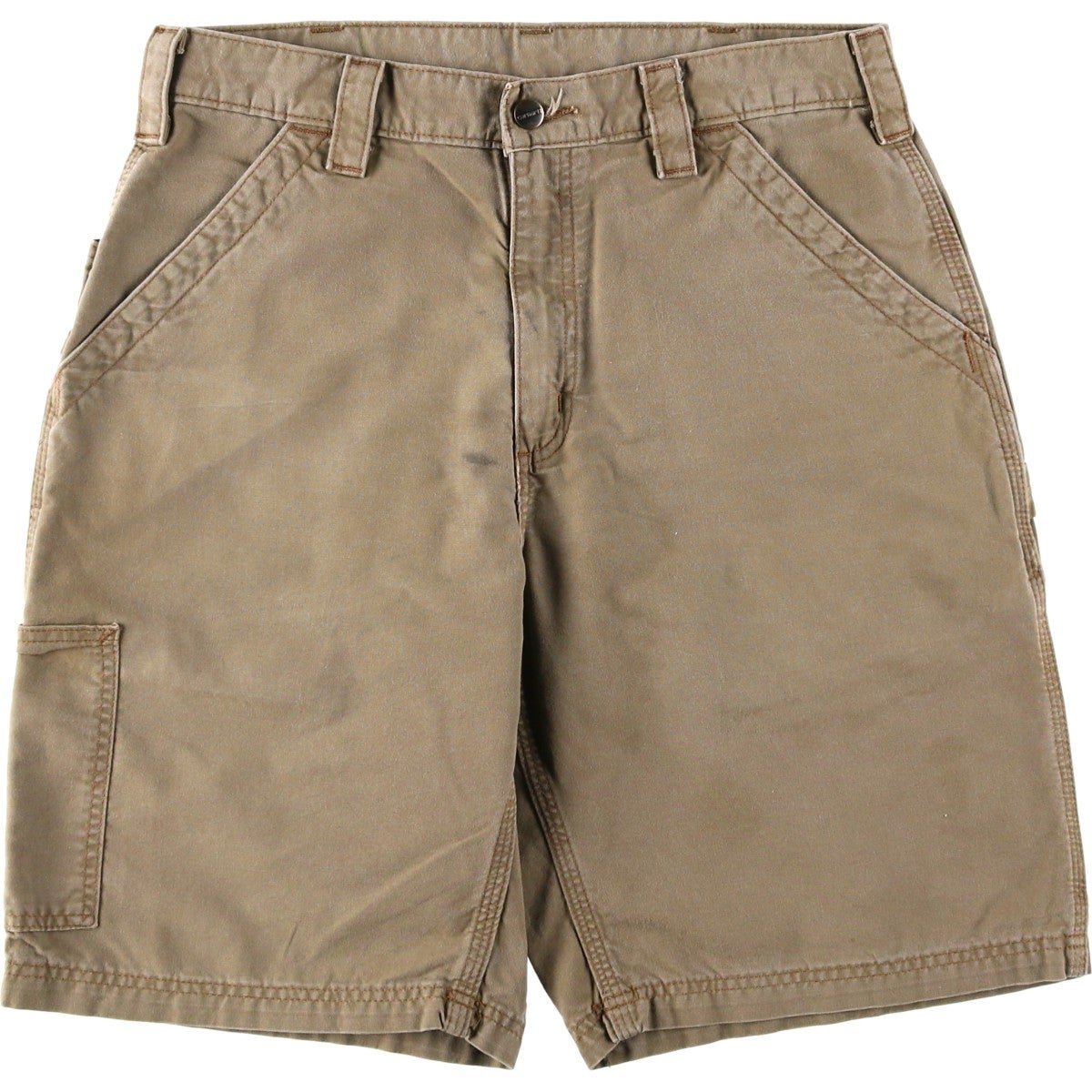 希少 極上フェード 一点物 レザータグ ダック地ショーツ くすみカーキ短パン 古着 カーハート Carhartt Relaxed Fit ダック地ペインターショーツ