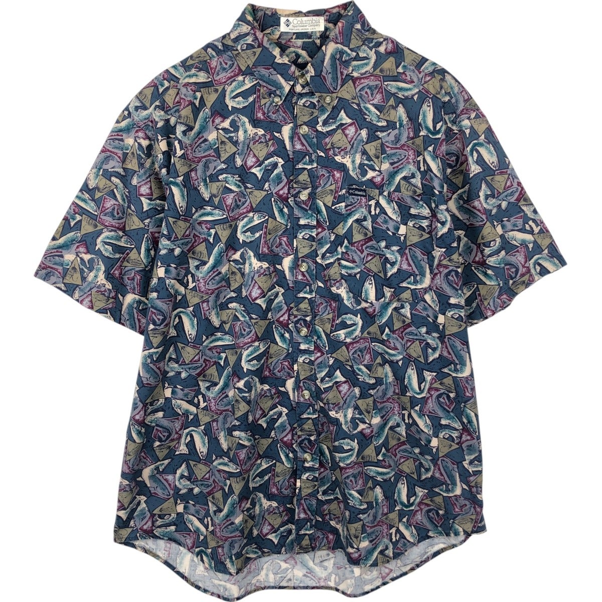 古着 90年代 コロンビア Columbia 魚柄 総柄 半袖 ボタンダウンシャツ