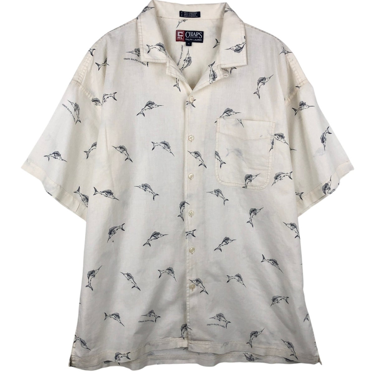 希少★ ラルフローレン チャレンジカップ 刺繍シャツ カスタムフィット 米国仕入 古着 ラルフローレン Ralph Lauren CHAPS チャップス 総柄 カジキ柄