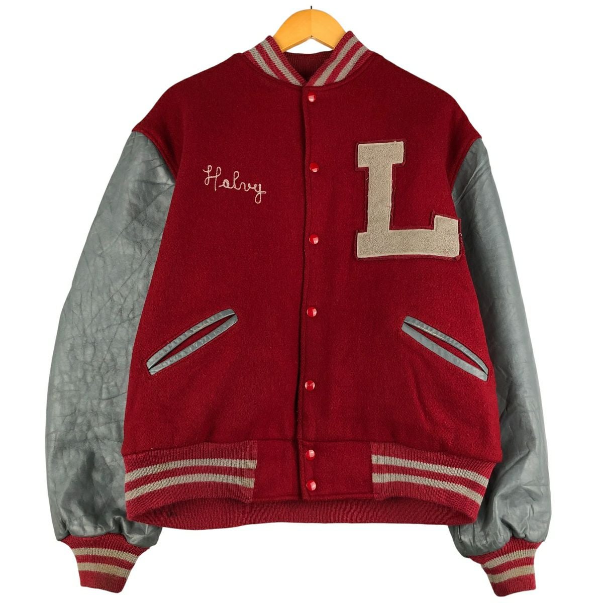 古着 80～90年代 Dehen 襟付き 袖革ウールボタンスタジャン バーシティ