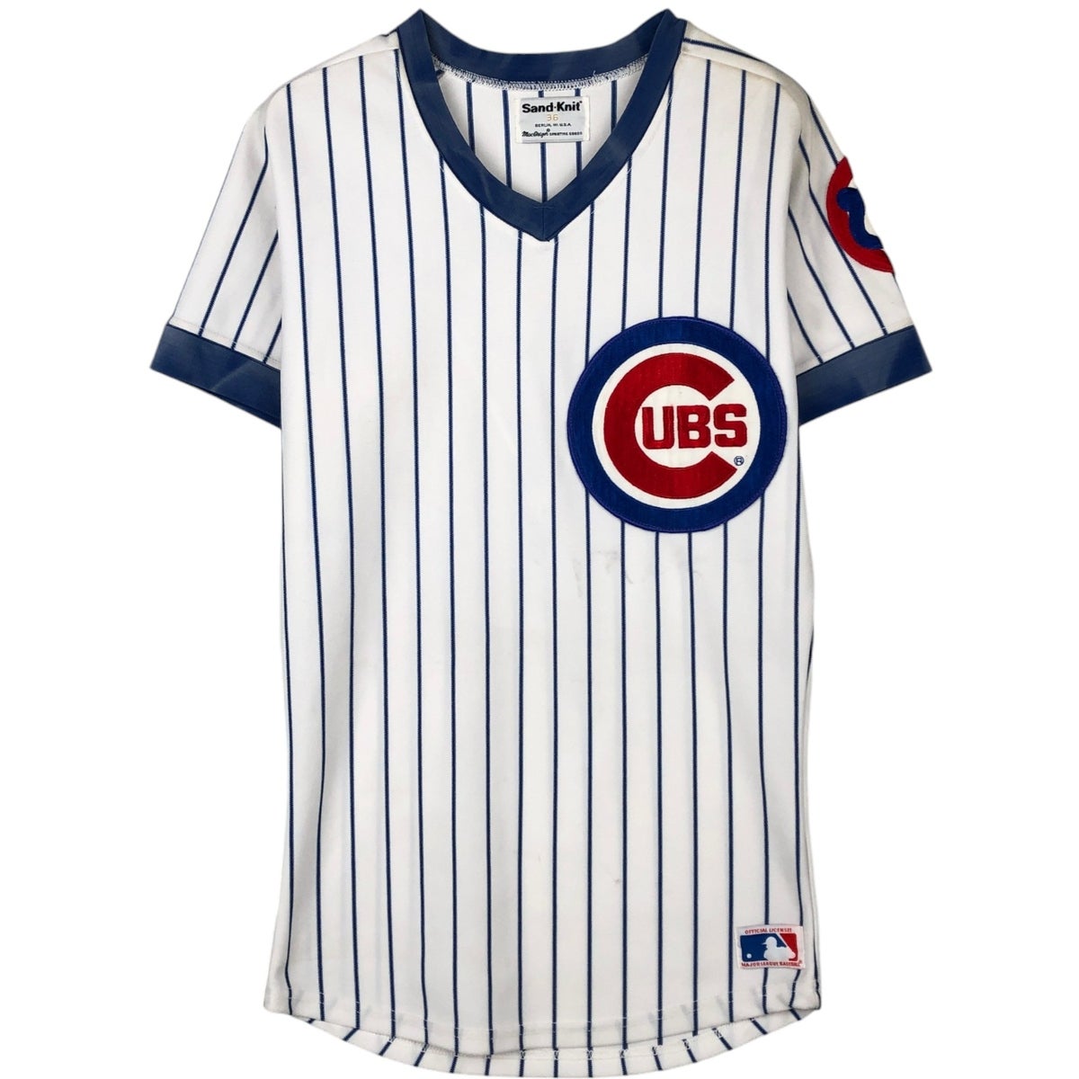 古着 Sand-Knit MLB CHICAGO CUBS シカゴカブス ストライプ柄 Vネック