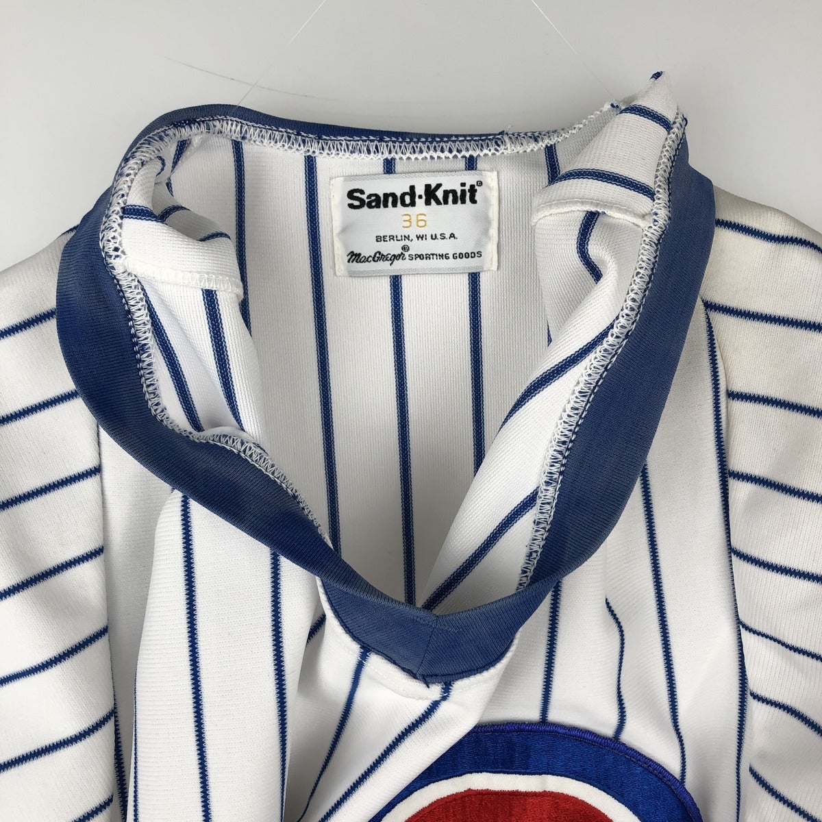 古着 Sand-Knit MLB CHICAGO CUBS シカゴカブス ストライプ柄 Vネック