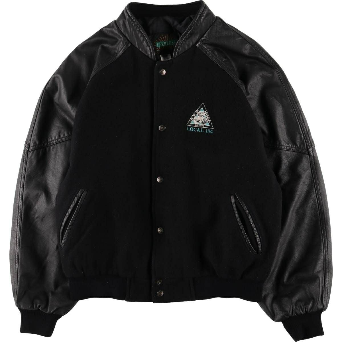 古着 90年代 PEERLESS GARMENTS 中綿入り 袖革ウールボタンスタジャン