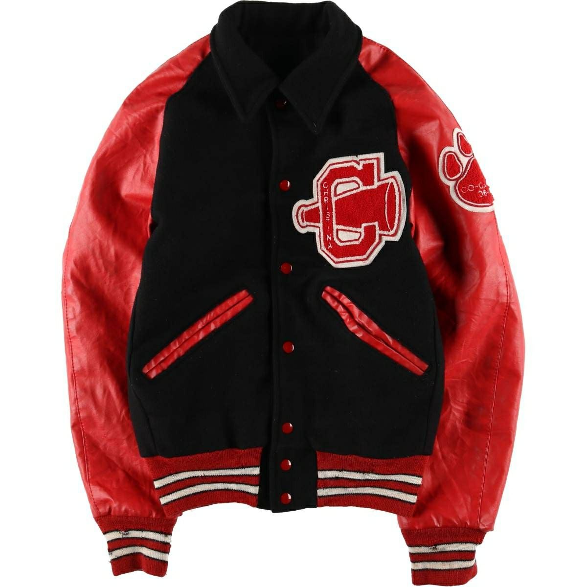 古着 80～90年代 Dehen 襟付き 袖革ウールボタンスタジャン バーシティ