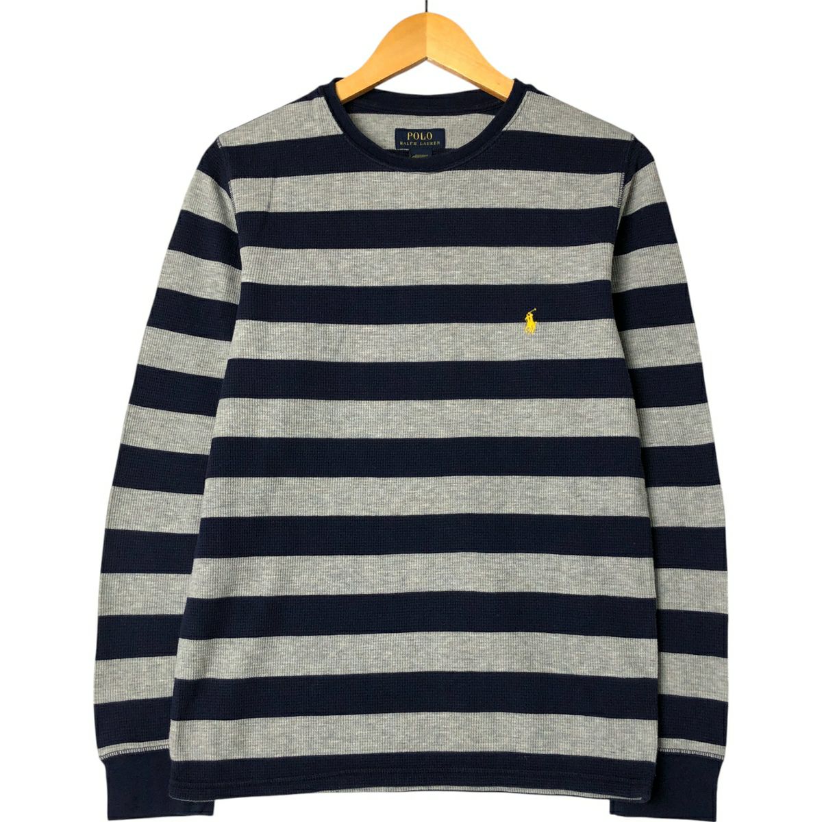 90's Ralph Lauren ボーダーフーディー　ワッフルカットソー ラルフローレン フード付き ワッフルサーマル ボーダー柄 表記(M