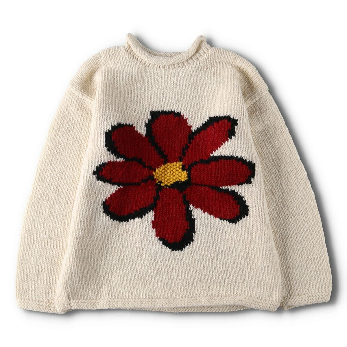 生成り フラワー エクアドルニットタイプ ロールネック ウールニット