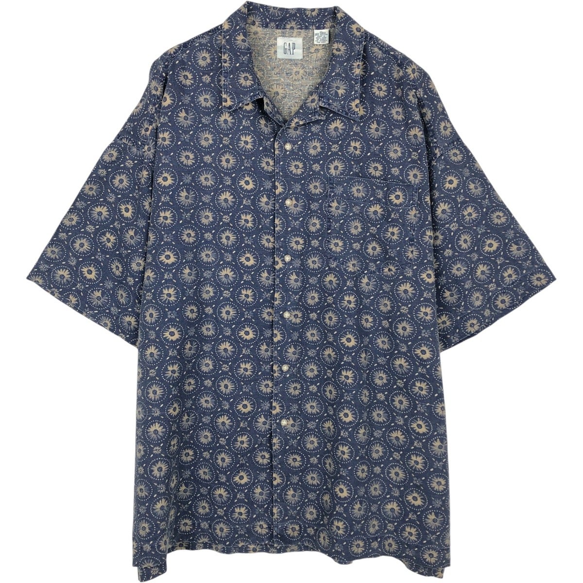 古着 00年代 ギャップ GAP 総柄 半袖 オープンカラー リネンシャツ