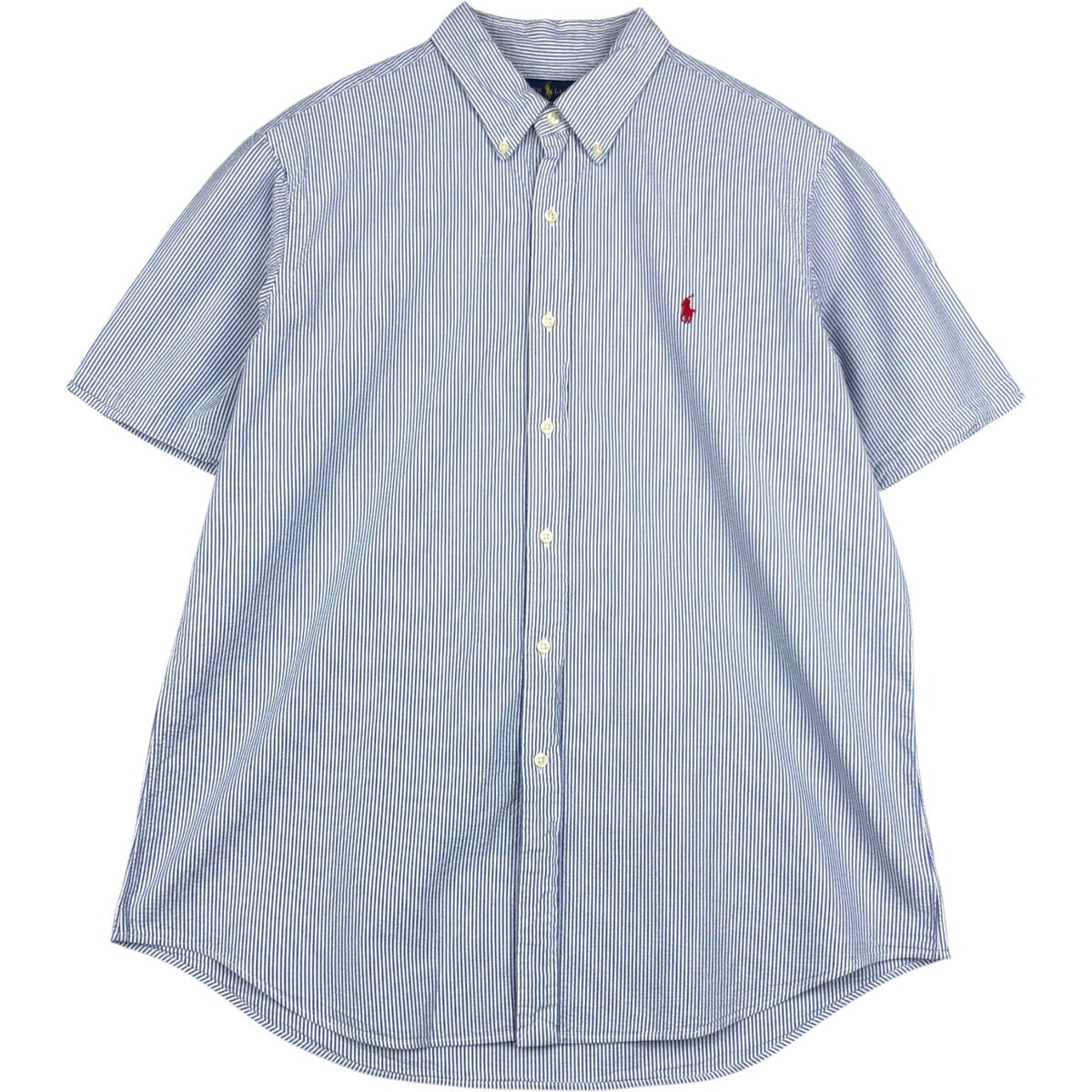ラルフローレン ストライプ シアサッカー シャツ　グレー　XL 古着 ラルフローレン Ralph Lauren シアサッカー 半袖 ボタンダウン