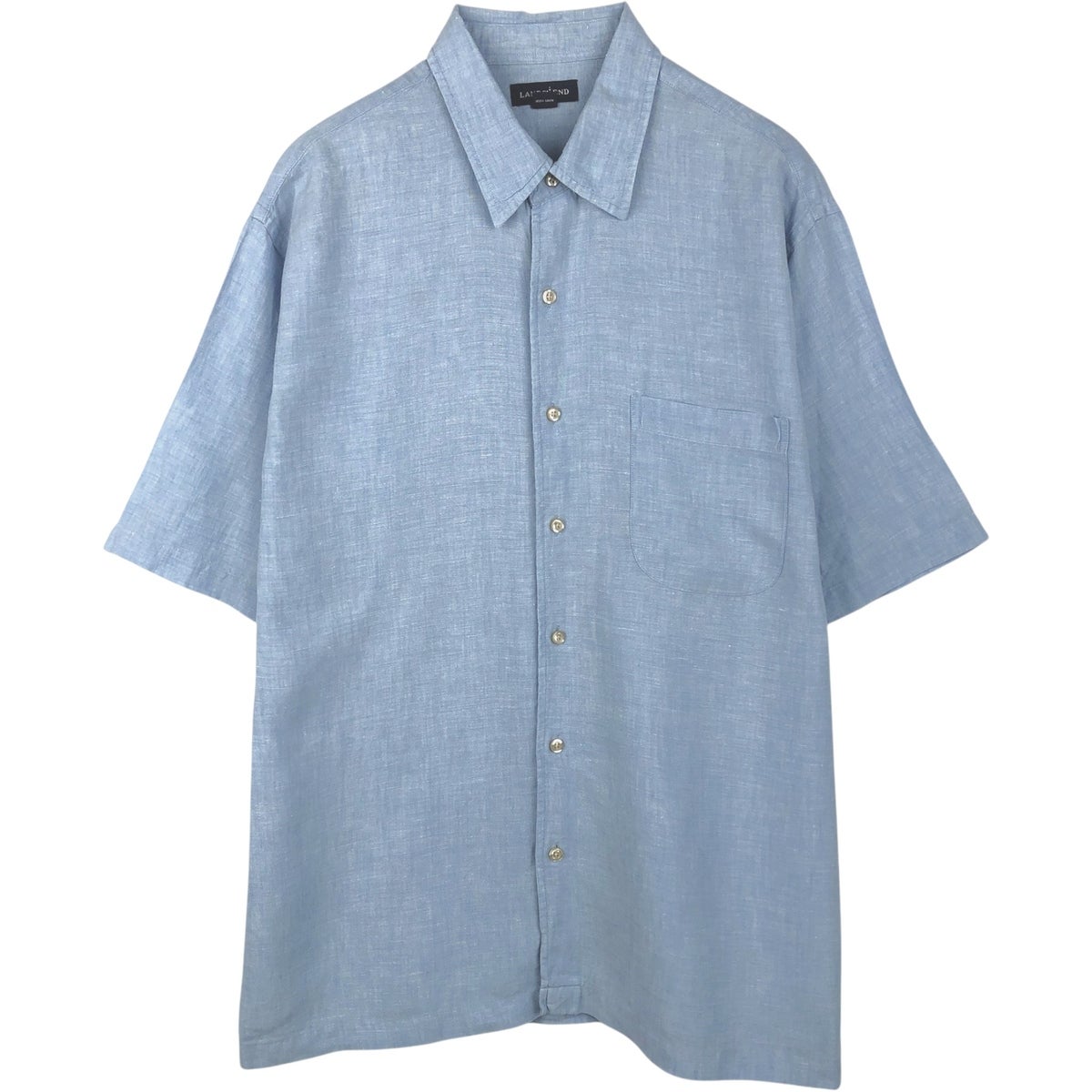 希少 LANDS' END リネン 100% キューバシャツ 刺繍 水色 古着 ランズエンド LANDS END 半袖 メキシカンシャツ キューバシャツ