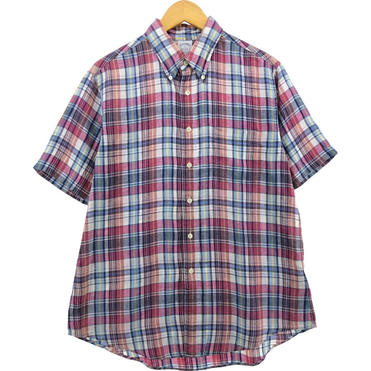 Brooks Brothers - 古着 ブルックスブラザーズ Brooks Brothers Est.1818 ボタンダウン チェック柄 半袖 リネンシャツ メンズL相当 /eaa566205 古着 ブルックスブラザーズ Brooks Brothers Est.1818 ボタンダウン
