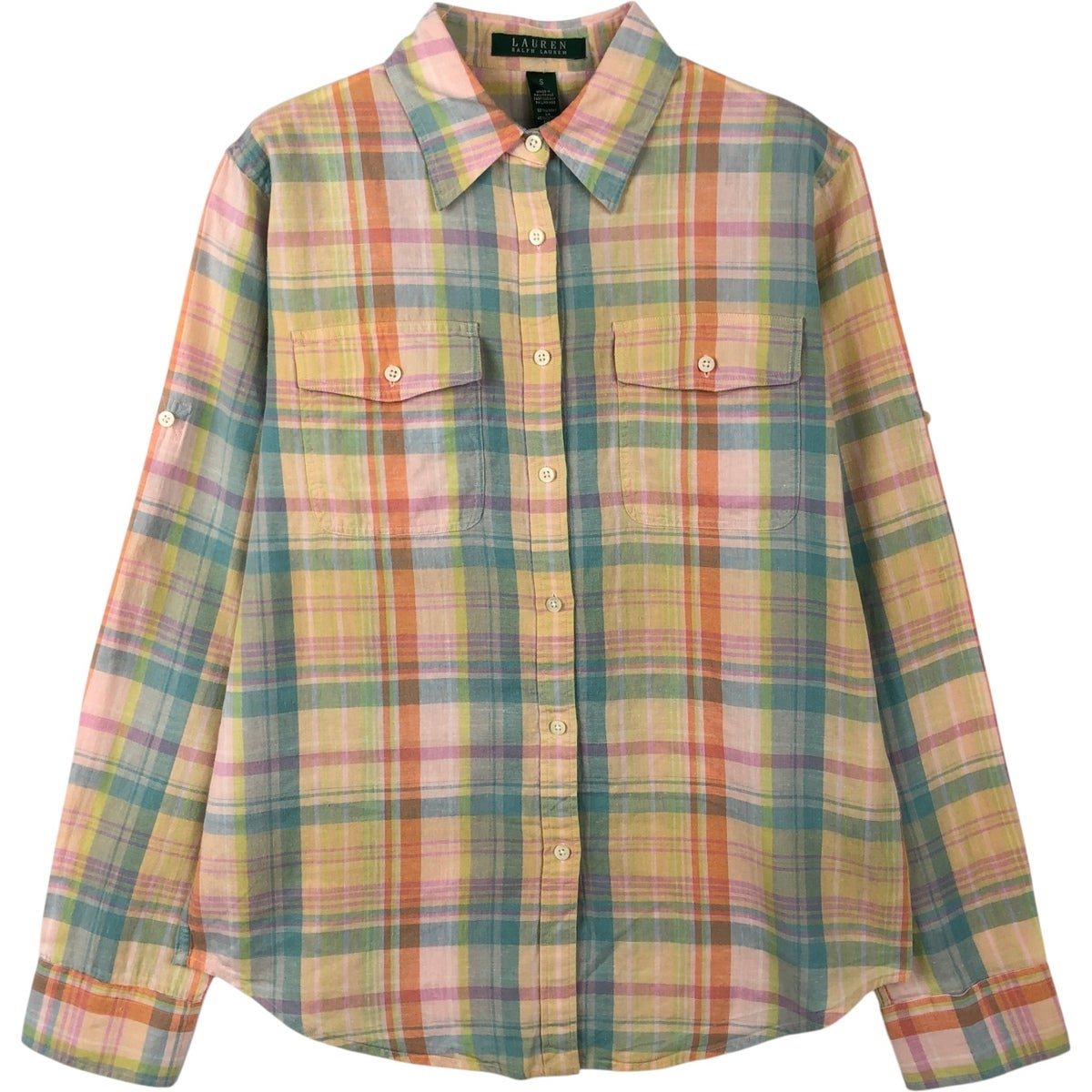 美品 ラルフローレン チェック柄 リネン長袖 シャツ 古着 ラルフローレン Ralph Lauren LAUREN ローレン チェック柄 長袖
