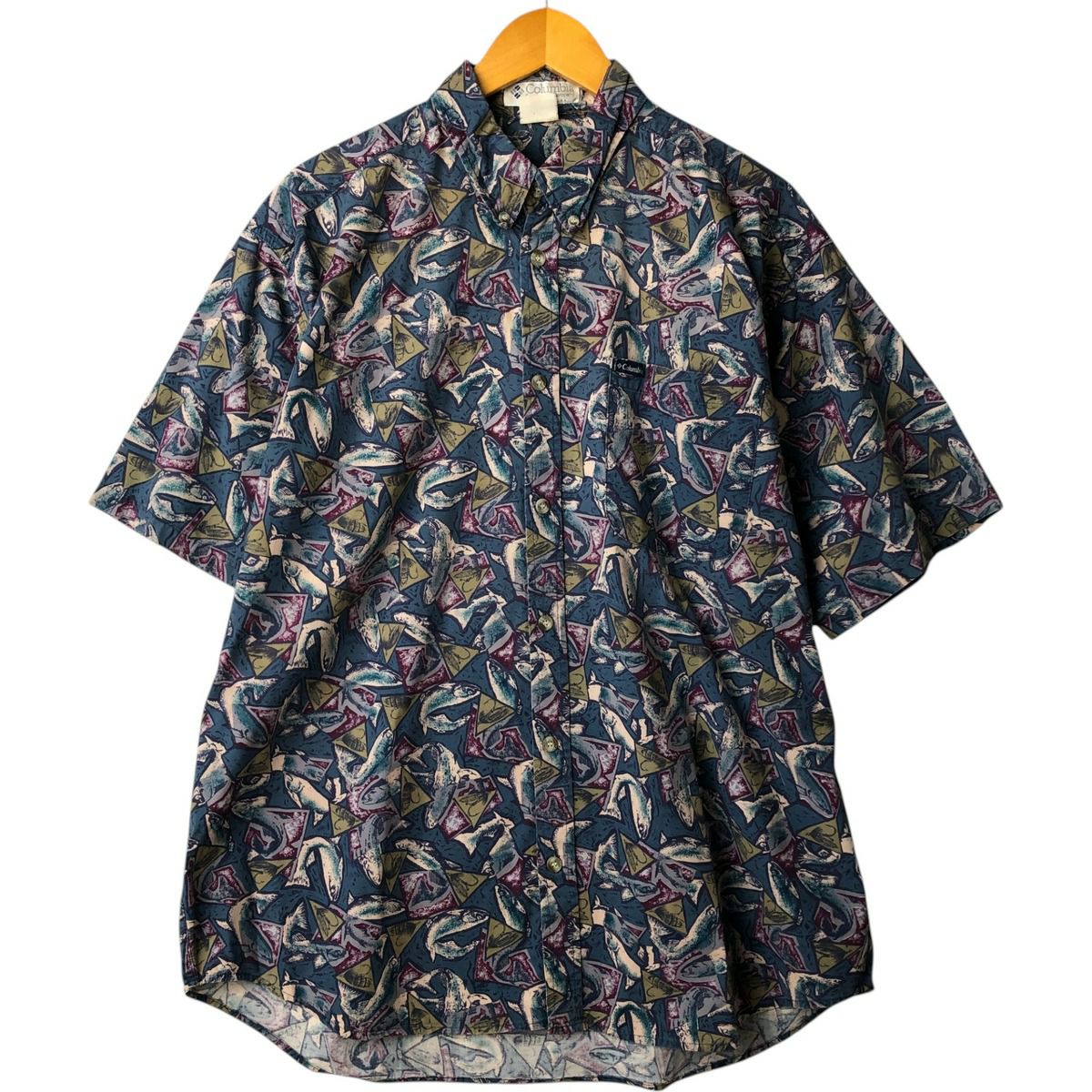 古着 90年代 コロンビア Columbia 魚柄 総柄 半袖 ボタンダウンシャツ