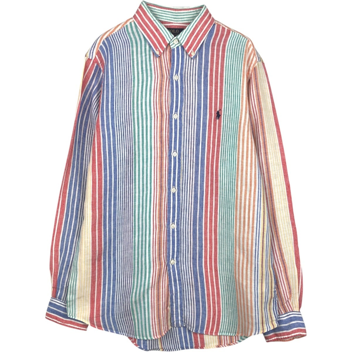 希少 ローレン ラルフローレン シルク リネン 長袖 シャツ マルチストライプ 古着 ラルフローレン Ralph Lauren POLO RALPH LAUREN CLASSIC FIT
