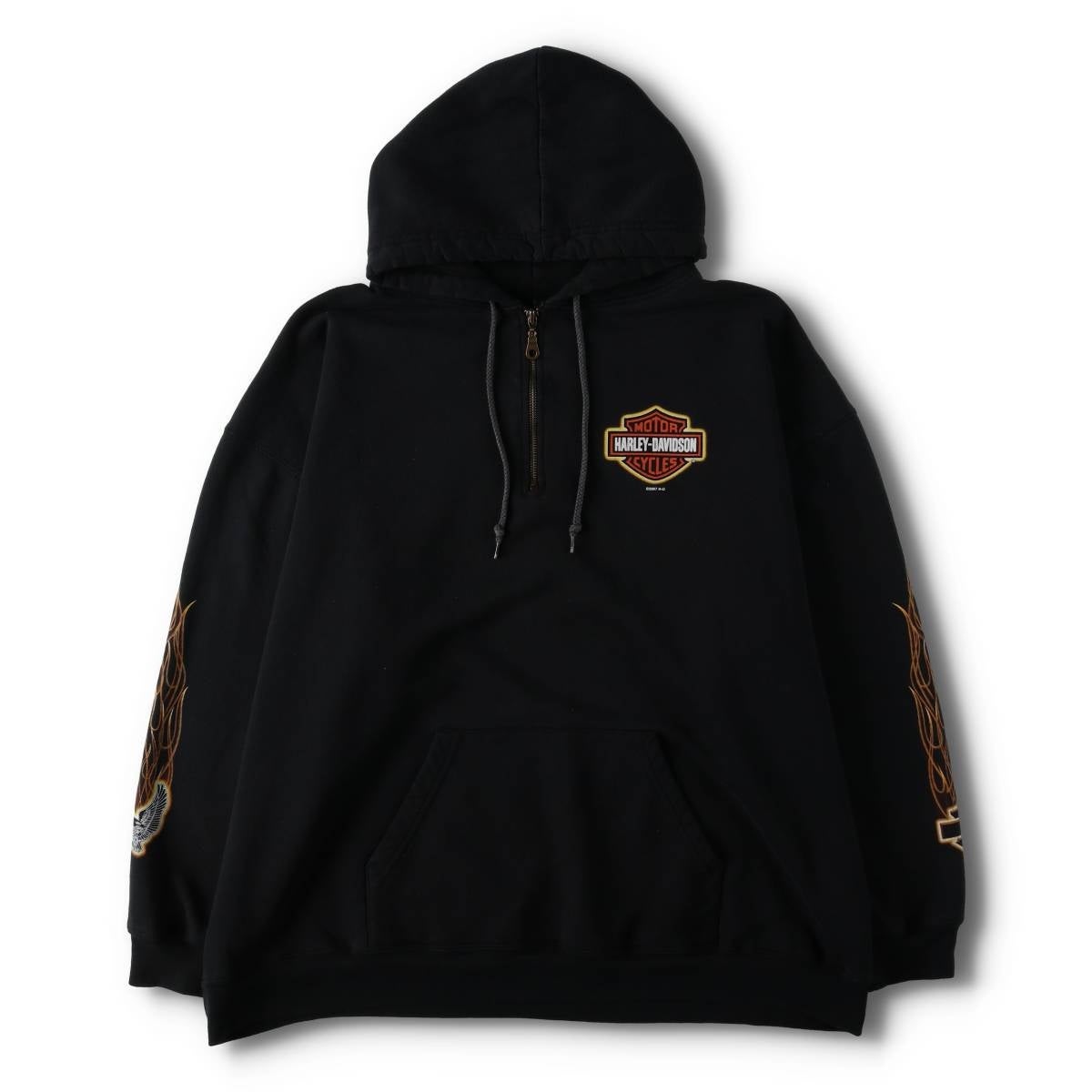 00s Harley-Davidson 薔薇 イーグル 総柄ジップパーカー　黒L 古着 00年代 ハーレーダビッドソン Harley-Davidson ファイヤー