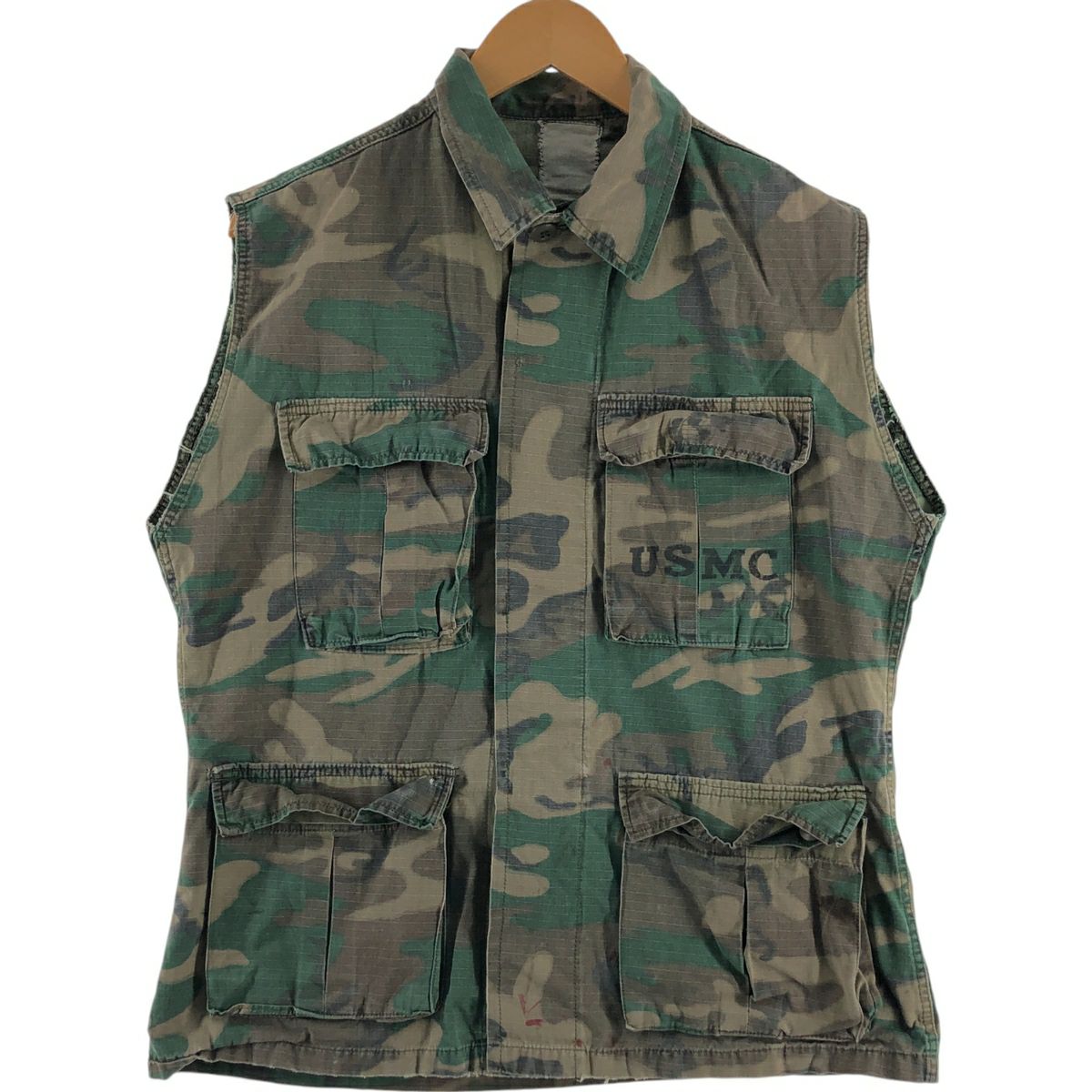 古着 米軍 USMC 迷彩柄 ウッドランドカモ カットオフ ミリタリーベスト