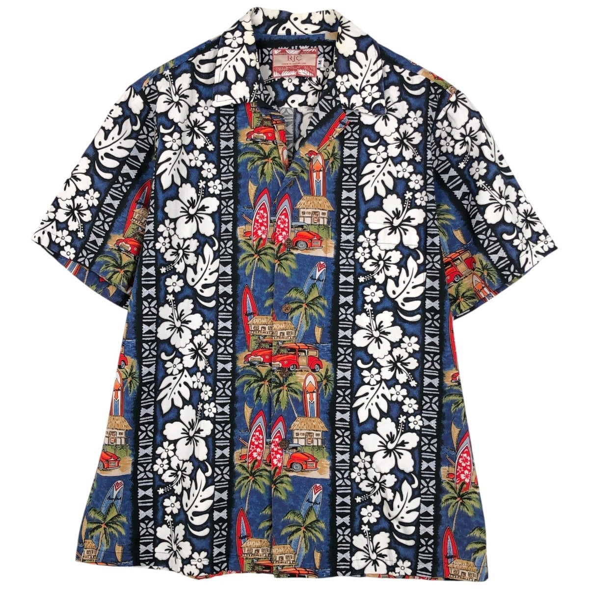 古着 MALIHINI HAWAII 総柄 オープンカラー ハワイアンアロハシャツ