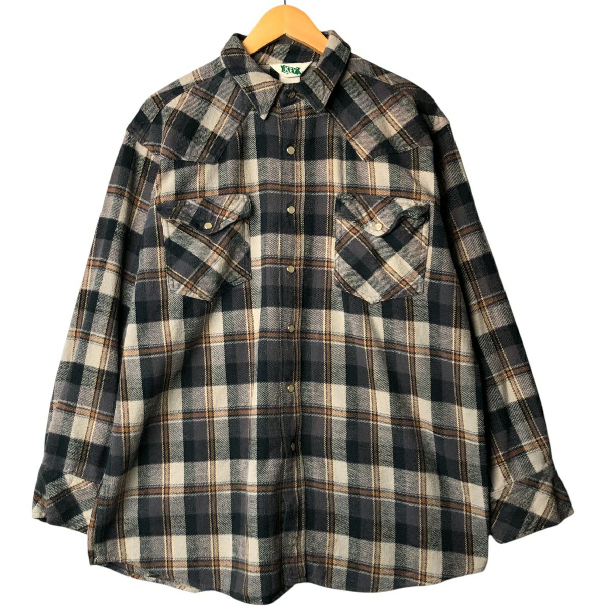 DIEGA ディエガ ブラウス S グレー系x黒xゴールド等(チェック) 【古着】【中古】 古着 80年代 キー Key 長袖 フランネルチェックシャツ メンズXL相当