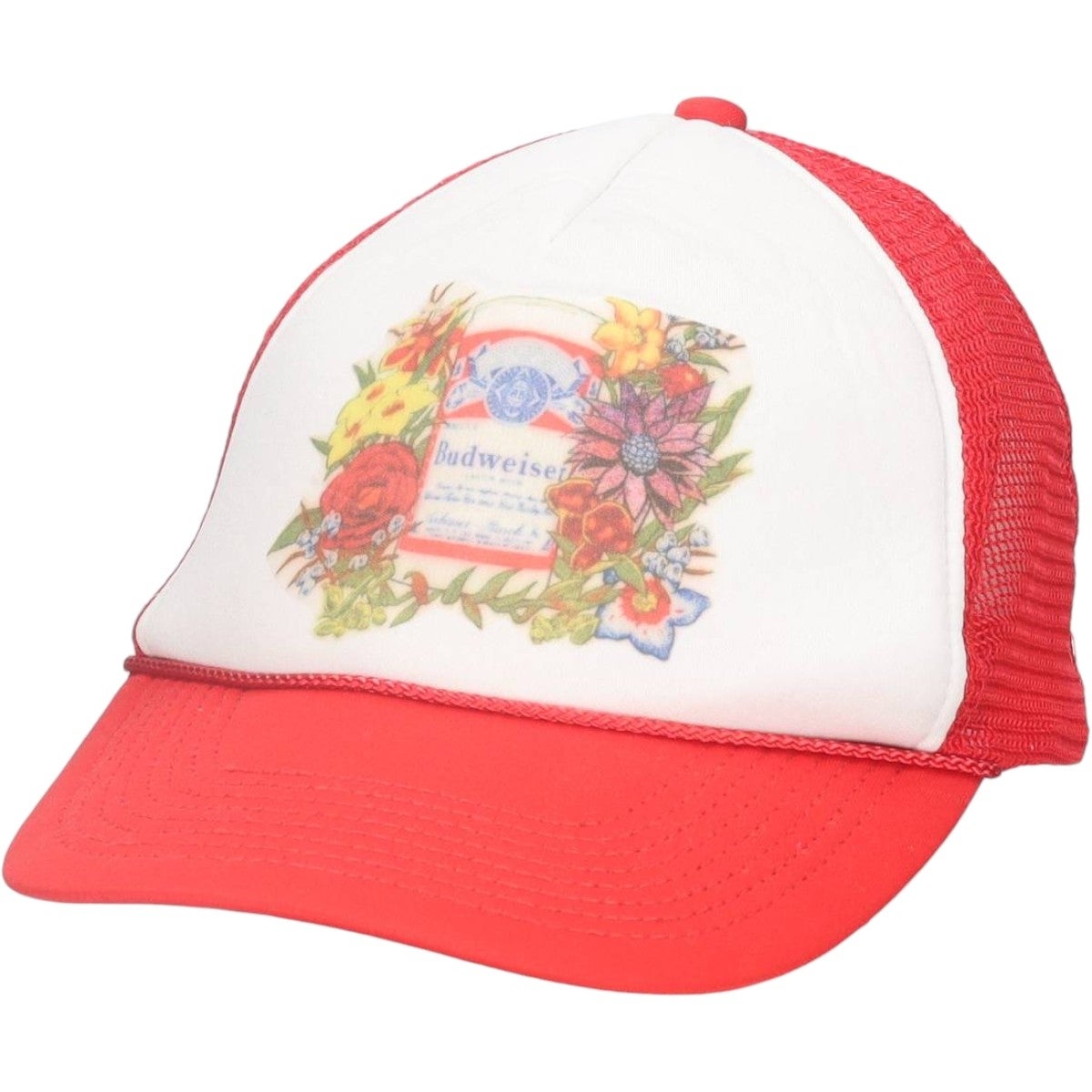90s USA製デッドストック Budweiser 刺繍 トラッカーキャップ 赤 古着 90～00年代 NISSUN CAP BUDWEISER バドワイザー 花柄