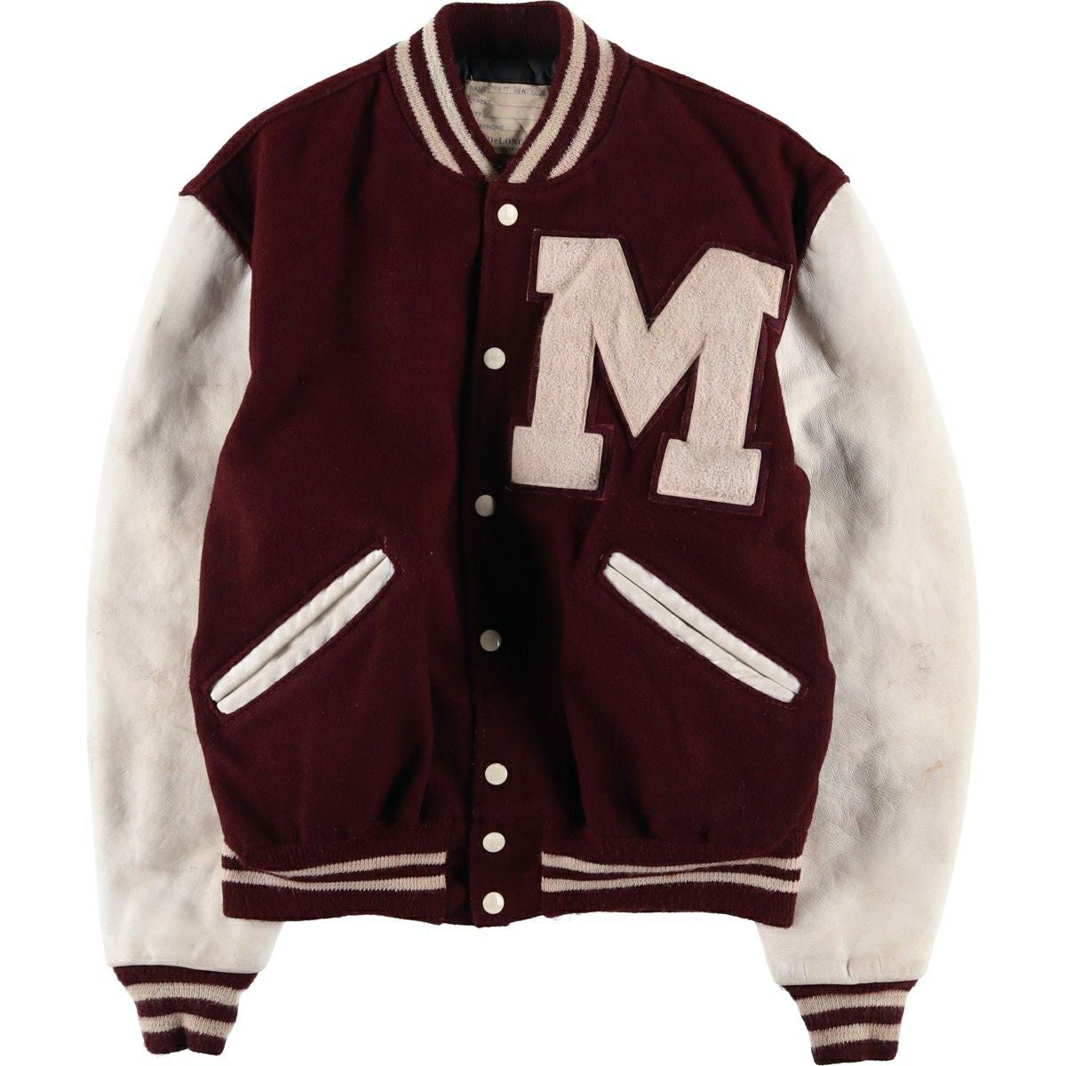 古着 70～80年代 DeLONG 中綿入り 袖革ウールボタンスタジャン バー