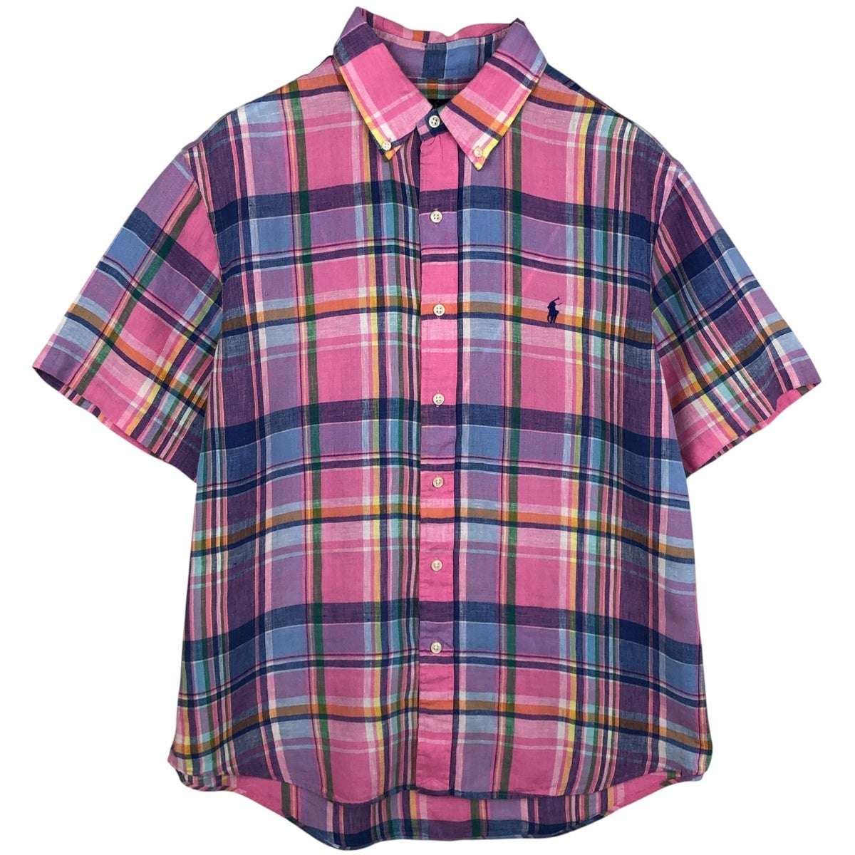 古着 ラルフローレン Ralph Lauren チェック柄 半袖 リネン ボタン