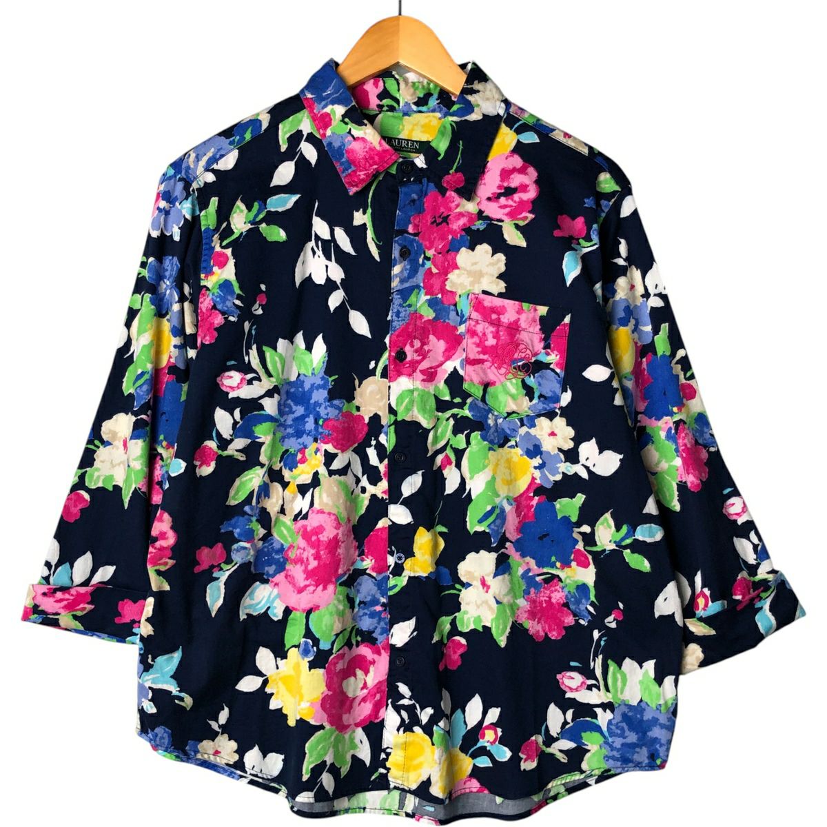 古着 ラルフローレン Ralph Lauren LAUREN ローレン 七分袖 花柄シャツ