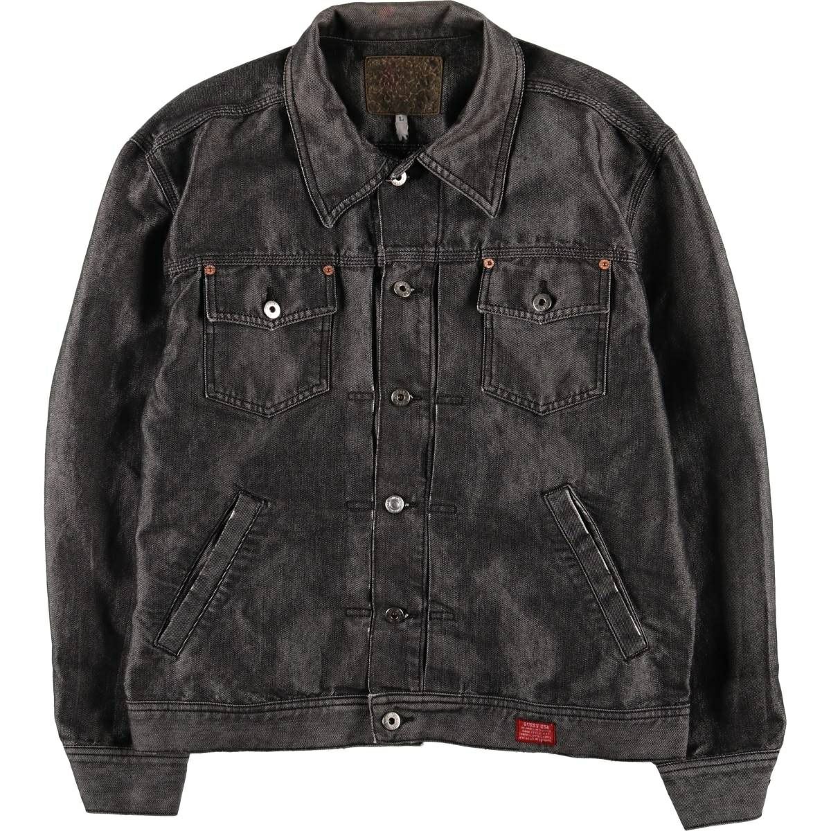 GUESS ゲス USA製 デニムジャケット Gジャン 刺繍ロゴ 黒 M　極美品 90s アメリカ製 GUESS オールド ゲス ブラックデニム トラッカー