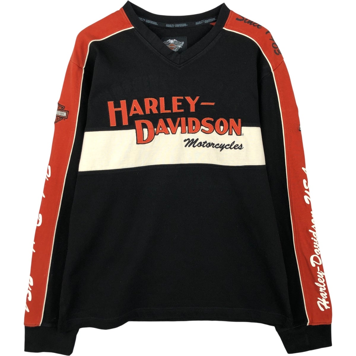 古着 ハーレーダビッドソン Harley-Davidson Vネック 星条旗柄 ロングT