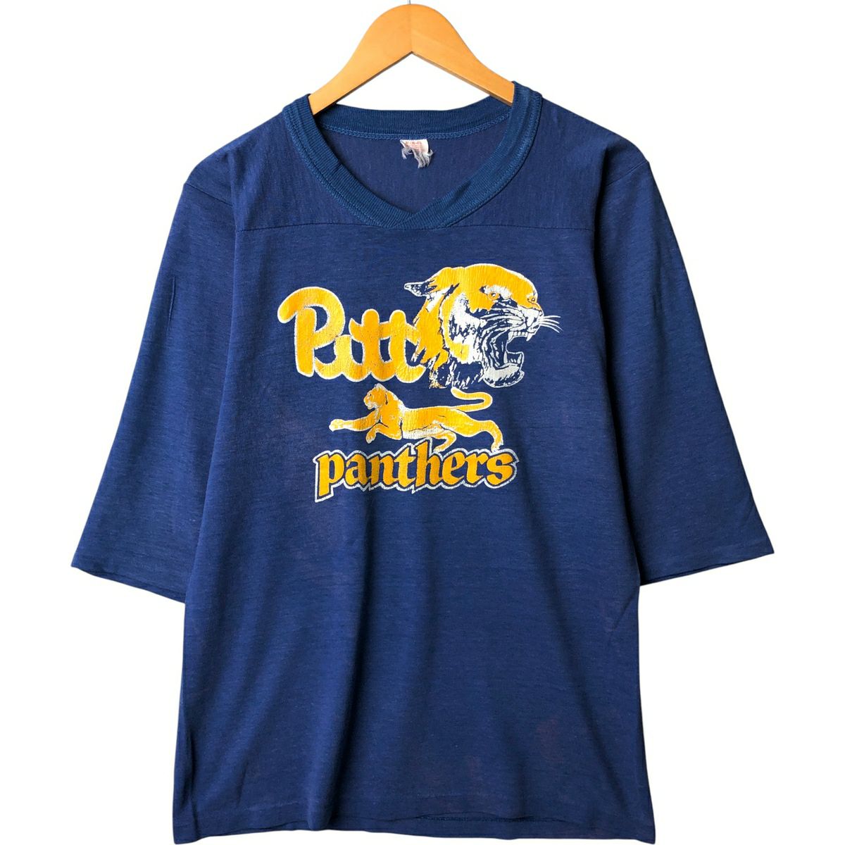 古着 Vネック カレッジ フットボール五分袖Tシャツ メンズM相当