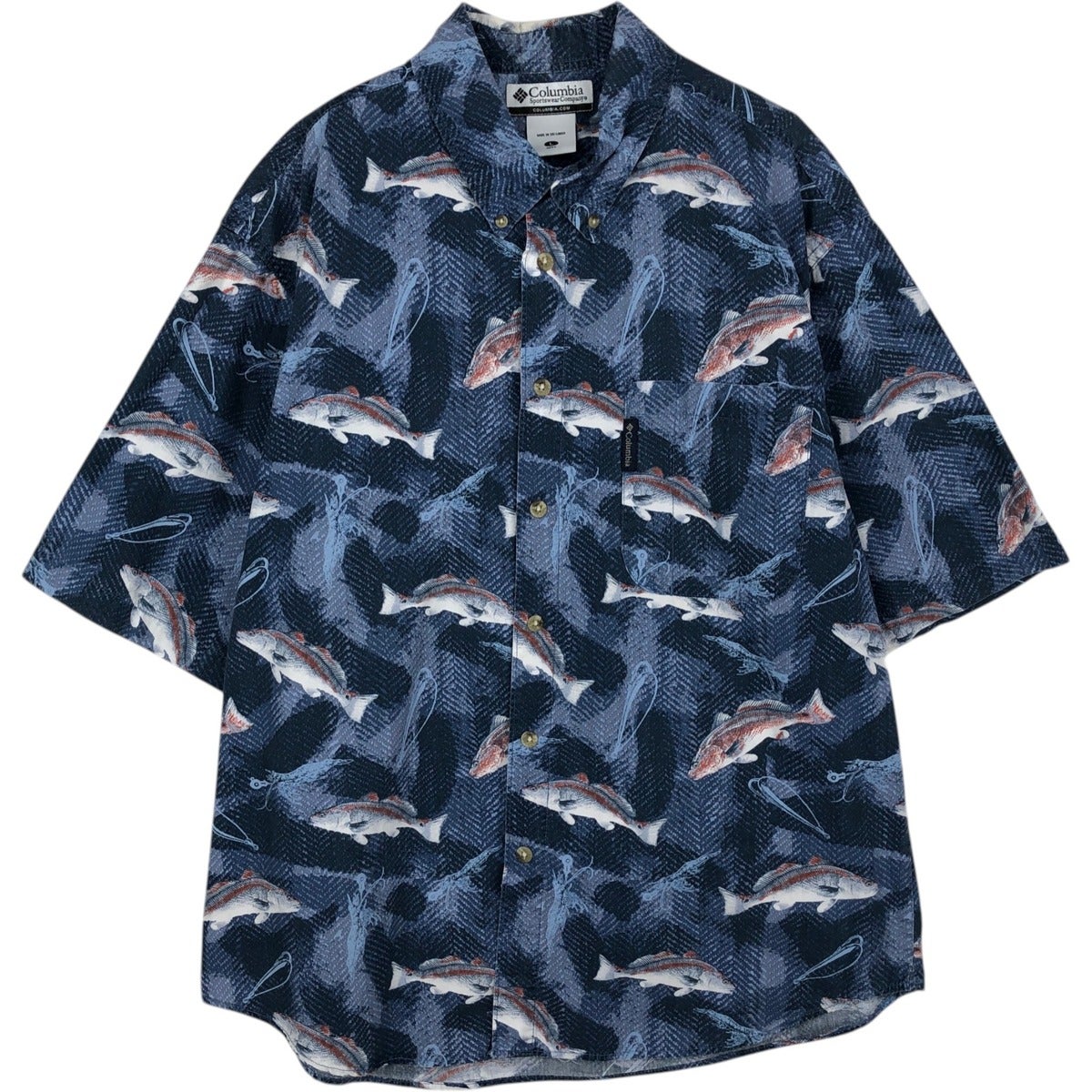 伊*丹様 80年代ものCOMMEdesGARCONSボロダメージブラウス 古着 90年代 コロンビア Columbia 魚柄 総柄 半袖 ボタンダウンシャツ