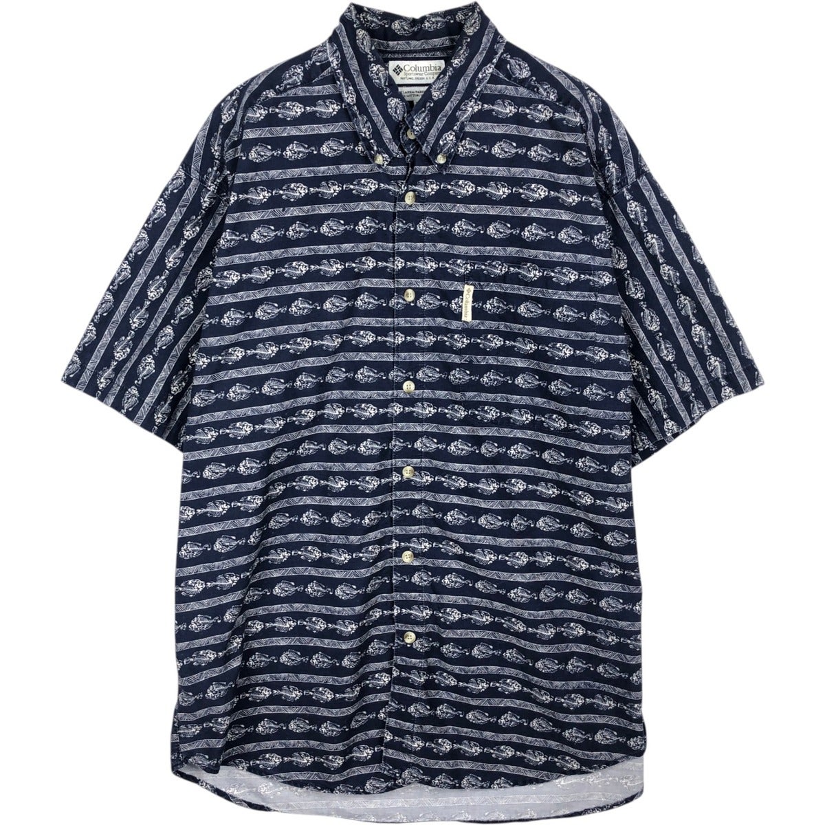 古着 90年代 コロンビア Columbia 魚柄 総柄 半袖 ボタンダウンシャツ