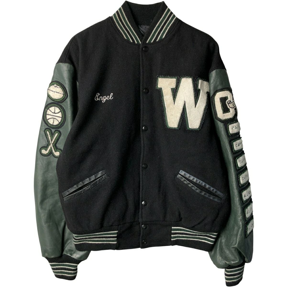 古着 90年代 Meca 中綿入り カレッジ 袖革ウールボタンスタジャン バー