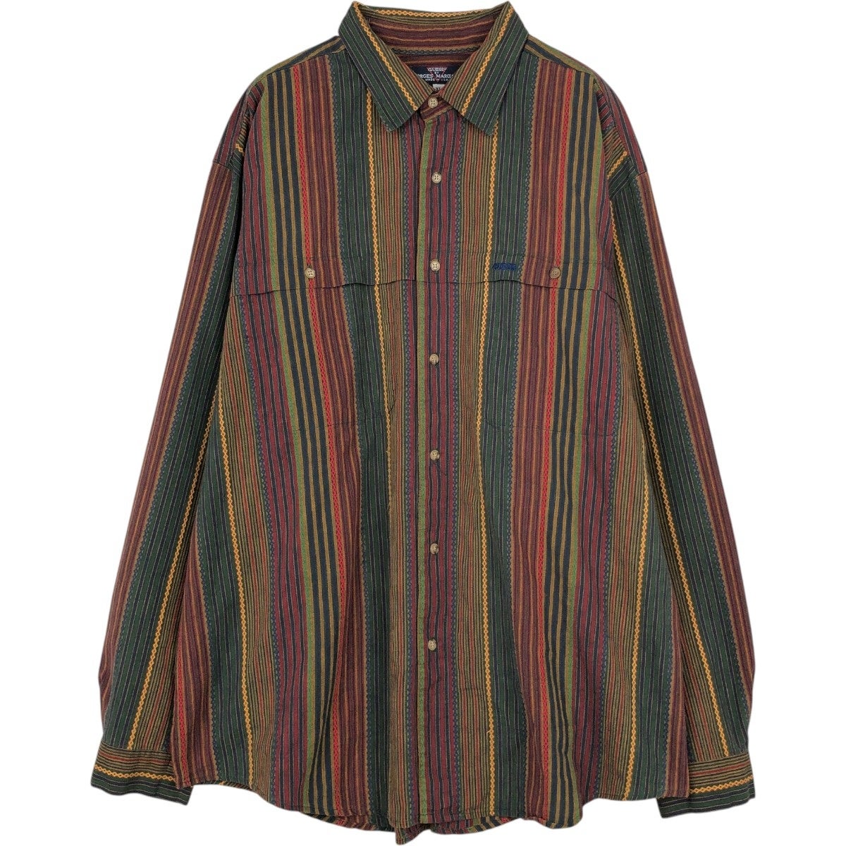 【90s/Y2K】GUESSゲス鹿の子 マルチボーダー 長袖TシャツL USA製 古着 ～90年代 ゲス Guess BY GEORGES MARCIANO 総柄 ネイティブ柄