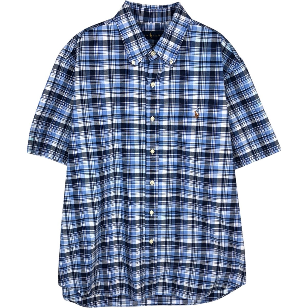 メンズ　E・G　半袖　ポロシャツ　チェック柄　青・白系　M　ボタンダウン　米国製 POLO RALPH LAUREN（ポロ・ラルフローレン） 半袖シャツ ギンガム