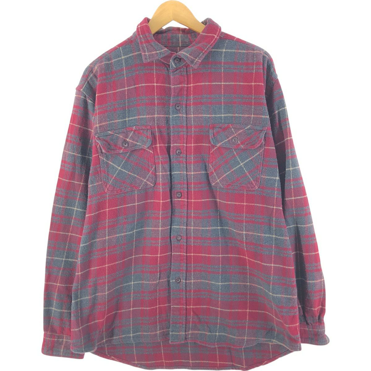 古着 70年代 Prest-Rite 長袖 プリントネルチェックシャツ メンズL相当