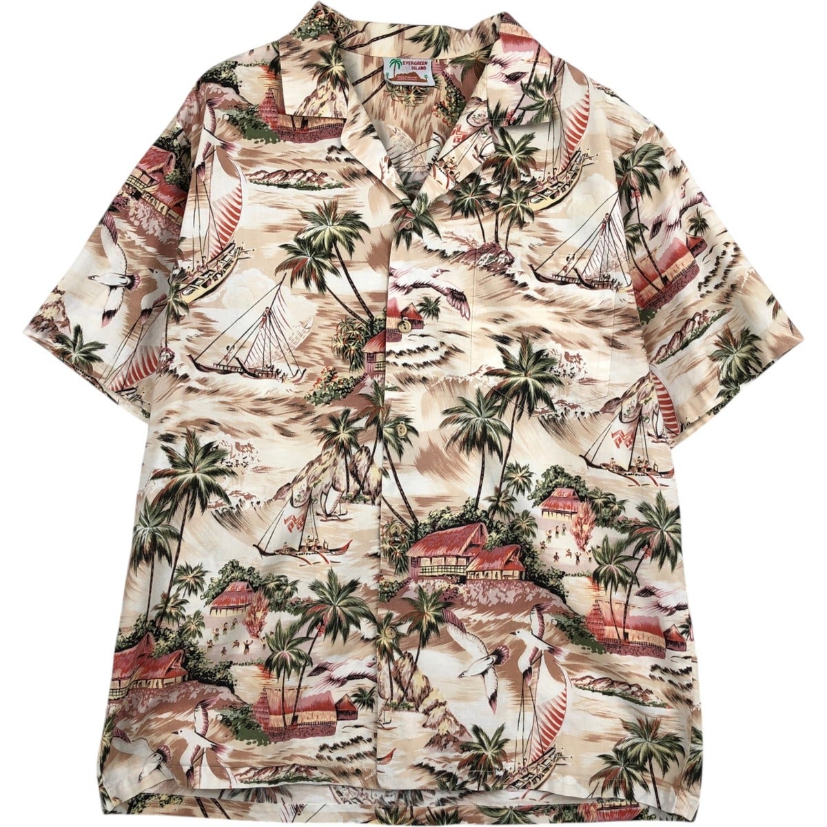 古着 80～90年代 EVERGREEN ISLAND 総柄 ヤシの木柄 オープンカラー