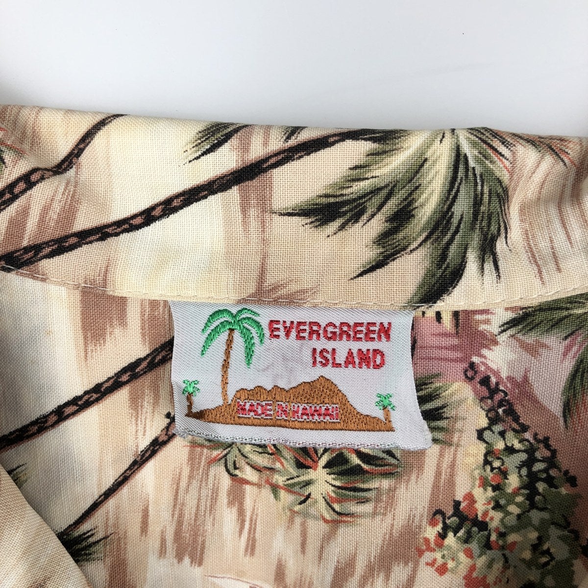 古着 80～90年代 EVERGREEN ISLAND 総柄 ヤシの木柄 オープンカラー