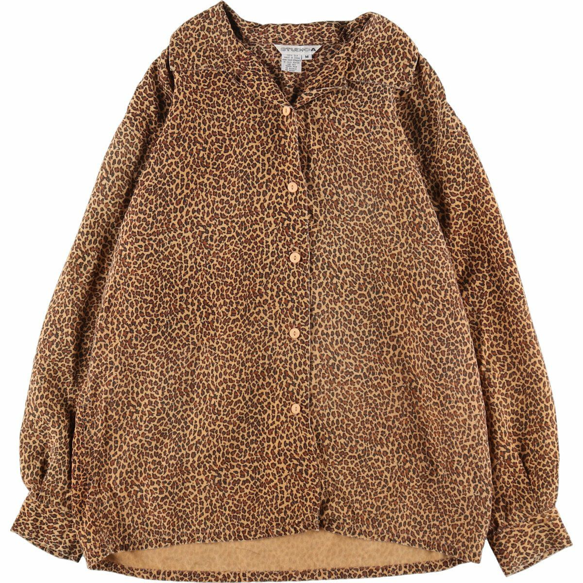 古着 STUDIO A レオパード柄 ヒョウ柄 オープンカラー 長袖 シルク