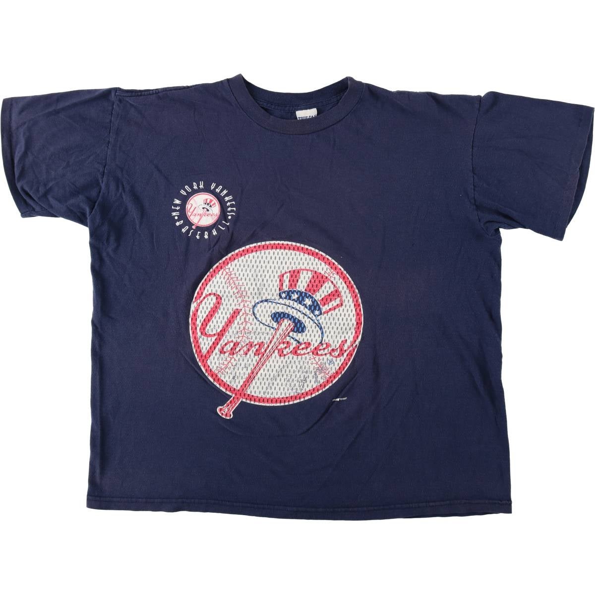 古着 90年代 MLB NEW YORK YANKEES ニューヨークヤンキース ストライプ柄 ヘンリーネック 七分袖 ロゴプリントTシャツ USA製 レディースM相当 ヴィンテージ/eaa630902 古着 90年代 MLB NEW YORK YANKEES ニューヨークヤンキース ストライプ