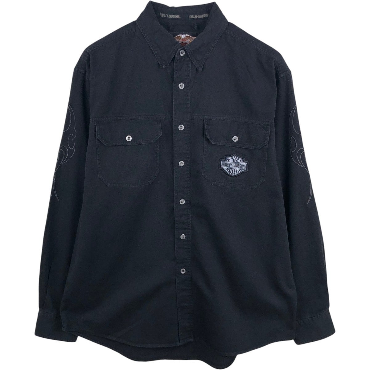 Harley-Davidson メッキボタンシャツ刺繍 グレーx黒ブラックM相当 古着 ハーレーダビッドソン Harley-Davidson 隠しボタンダウン