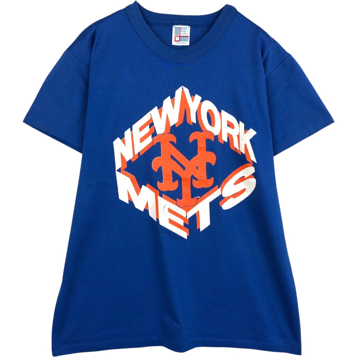 古着 ~90年代 RAWLINGS MLB NEWYORK METS ニューヨークメッツ ストライプ柄 Vネック スポーツプリントTシャツ USA製 レディースM相当/eaa630820 古着 ～90年代 RAWLINGS MLB NEWYORK METS ニューヨークメッツ