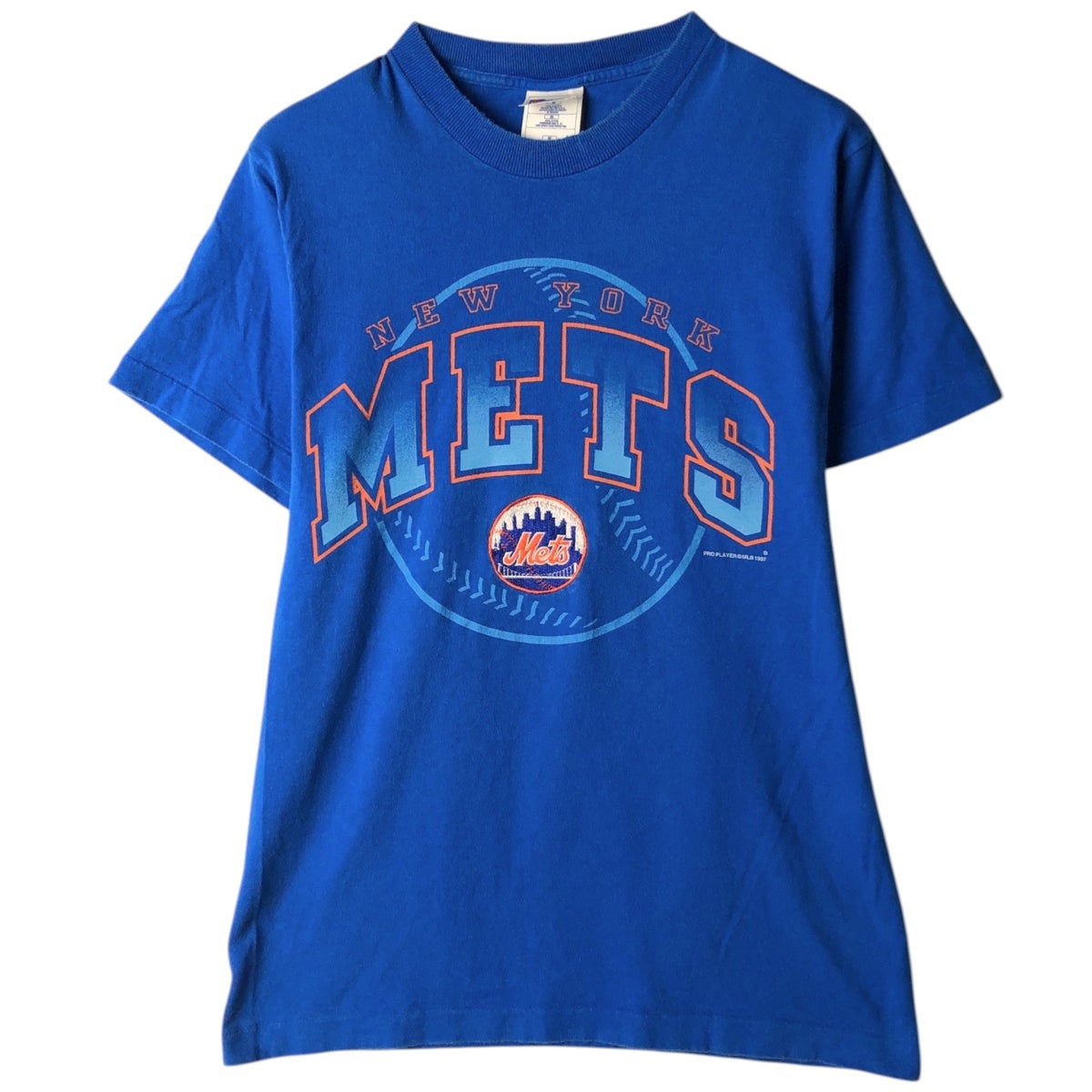 古着 ~90年代 RAWLINGS MLB NEWYORK METS ニューヨークメッツ ストライプ柄 Vネック スポーツプリントTシャツ USA製 レディースM相当/eaa630820 古着 ～90年代 RAWLINGS MLB NEWYORK METS ニューヨークメッツ