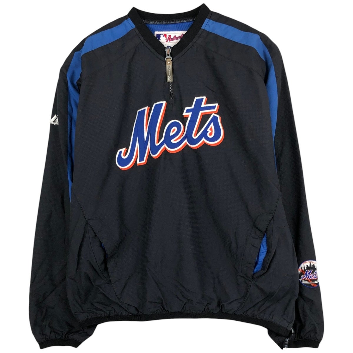 Majestic製 MLB公式 ニューヨークメッツプルオーバーハーフジップL 古着 90年代 Majestic MLB NEW YORK METS ニューヨークメッツ ハーフ