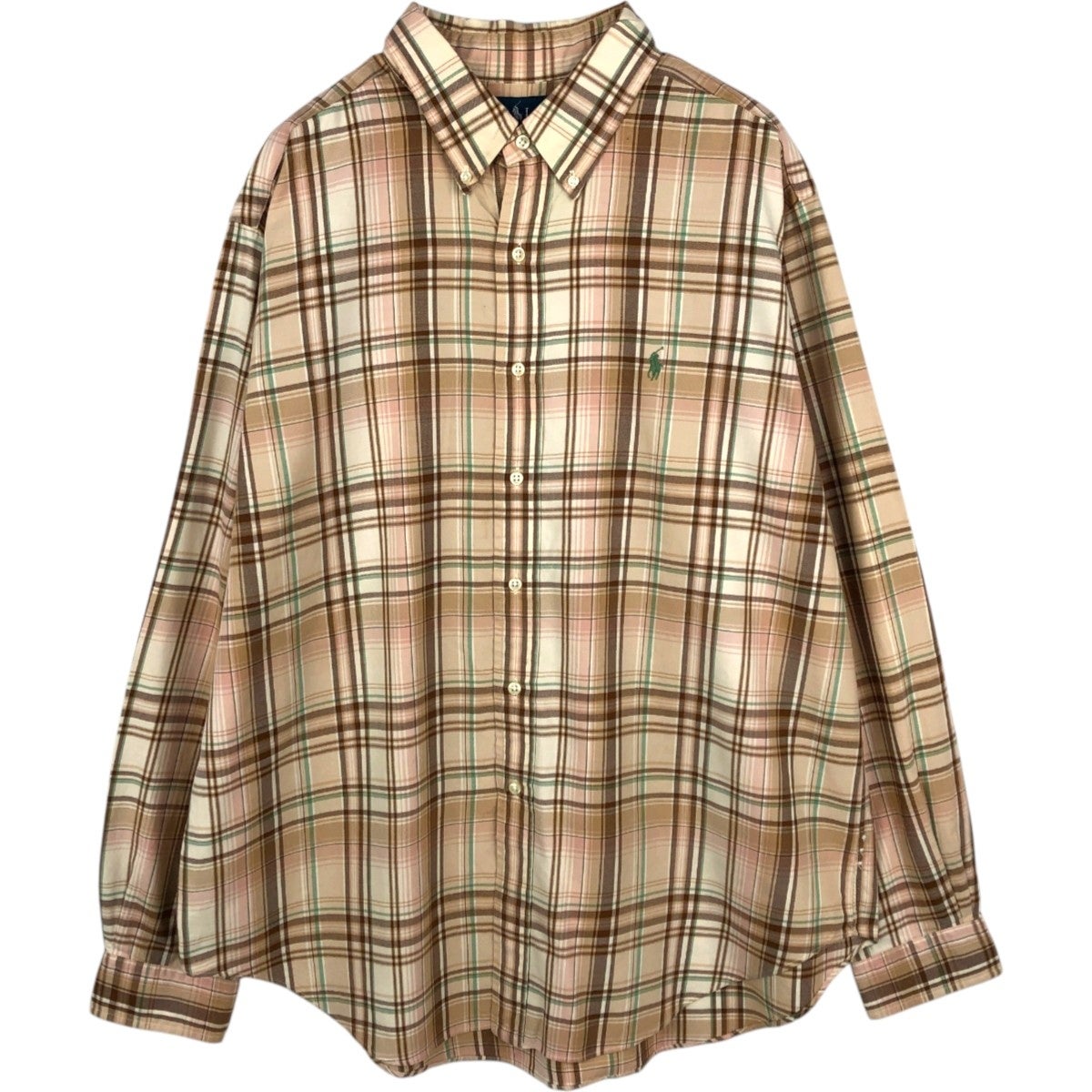 【美品】ラルフローレン シャツジャケット リネン100% チェック柄 茶色系 S 古着 ラルフローレン Ralph Lauren CLASSIC FIT 長袖 ボタンダウン
